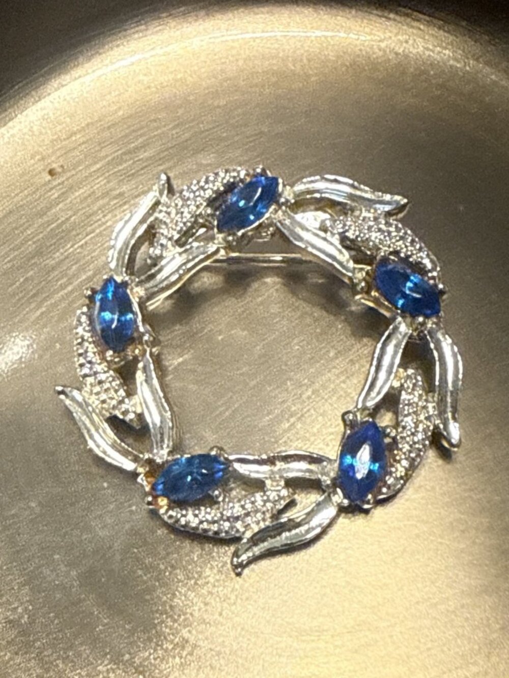 Silver Tone Leaf Wreath Blue Marquis and Rhinestone 1950s Brooch